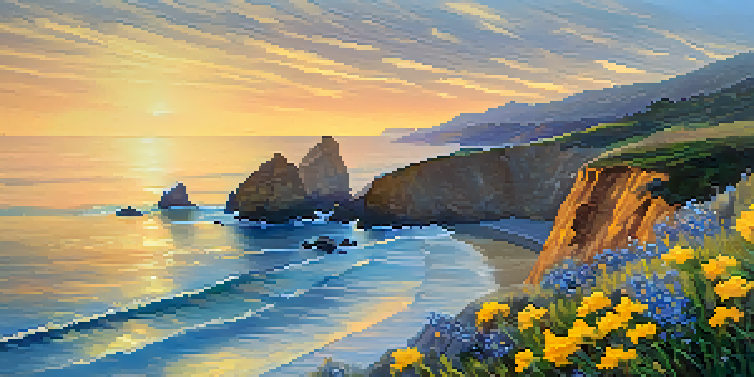 A beautiful California coastline during sunset with golden and azure skies, calm ocean waves, and blooming wildflowers on rocky cliffs.