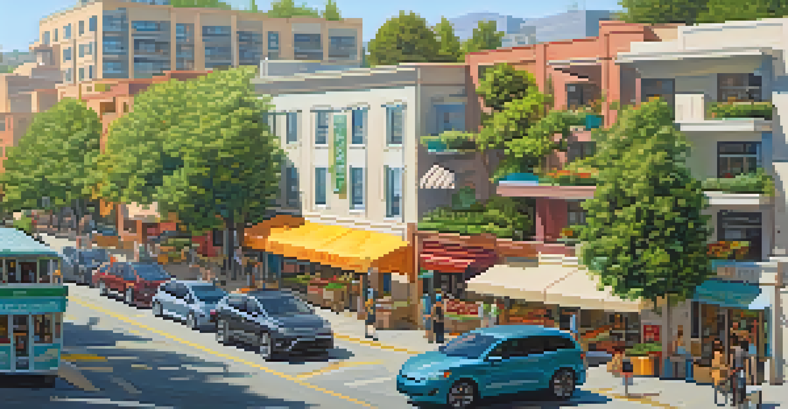 A vibrant urban street in California with modern apartment buildings, a market, and electric vehicles.