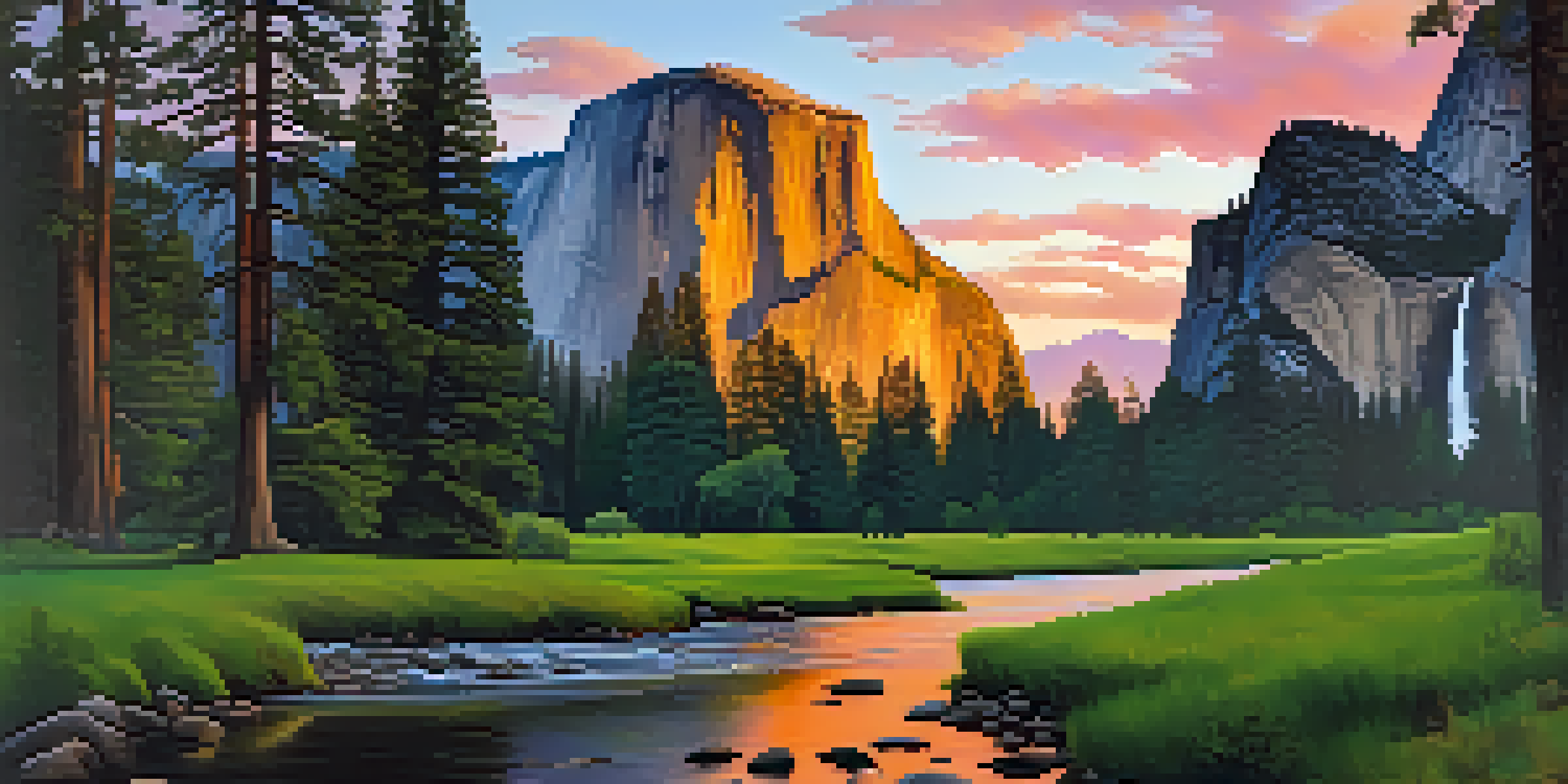 A scenic view of Yosemite National Park showcasing Half Dome and El Capitan at sunset, with colorful skies and lush meadows.