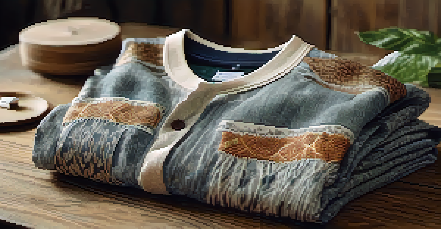 Close-up of eco-friendly clothing items made from recycled materials, showcasing textures and sustainable labels on a wooden table.