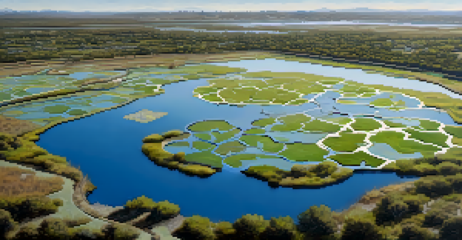 Aerial view of a wetland restoration project in California, with flourishing plants and urban surroundings.
