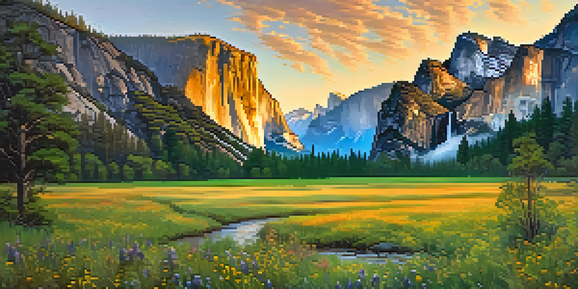 A scenic view of Yosemite National Park with El Capitan and Half Dome during sunrise, surrounded by lush trees and colorful wildflowers.
