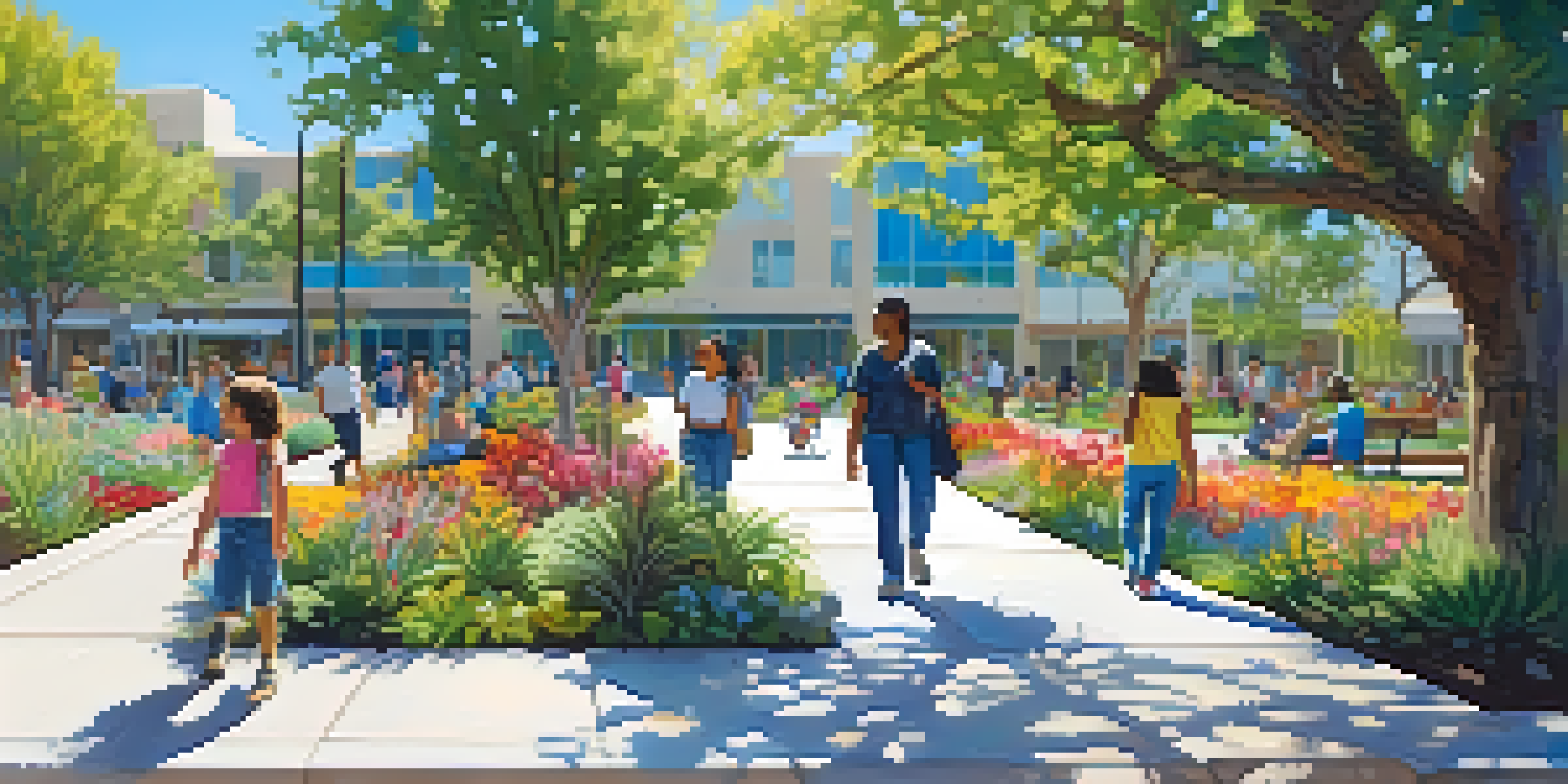 A sunny urban park in San Diego filled with diverse plants, families enjoying outdoor activities, and children playing in a garden.