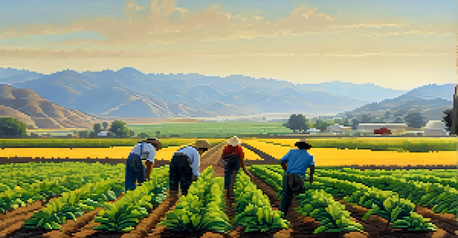 A peaceful agricultural scene in California with crops and mountains in the background, illustrating the agricultural partnership with Mexico.