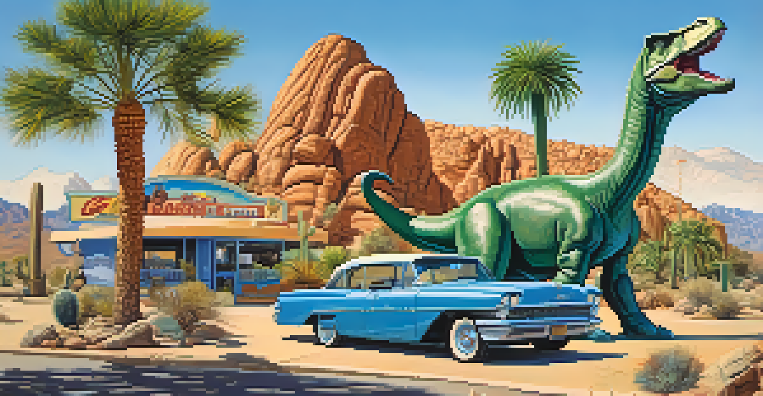 Giant dinosaur sculptures in a desert landscape under a blue sky.