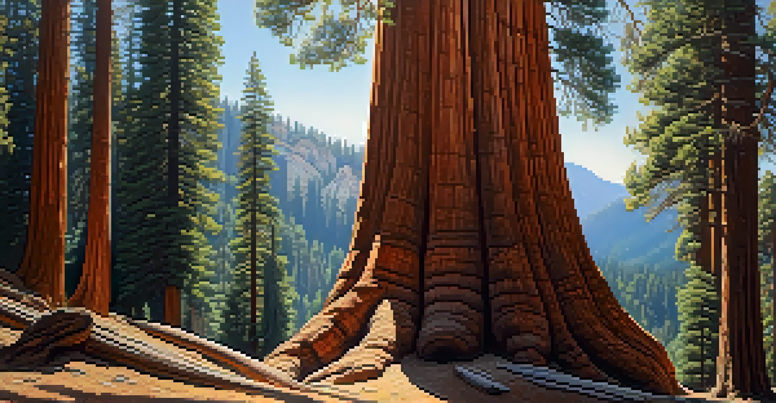 A towering General Sherman Tree in Sequoia National Park, surrounded by sunlight and dense forest.