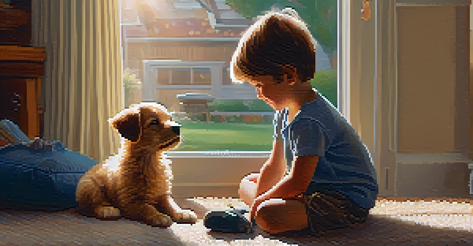 A child joyfully interacting with a fluffy puppy in a cozy living room filled with soft sunlight and warm textures.