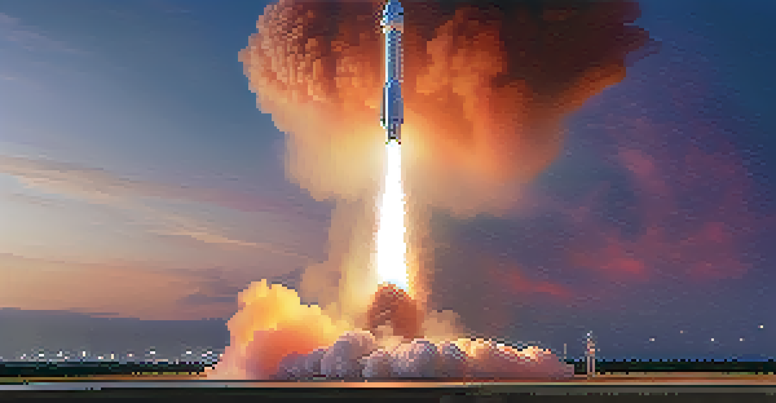 A SpaceX Falcon 9 rocket launching against a colorful sunset, with spectators in the foreground.
