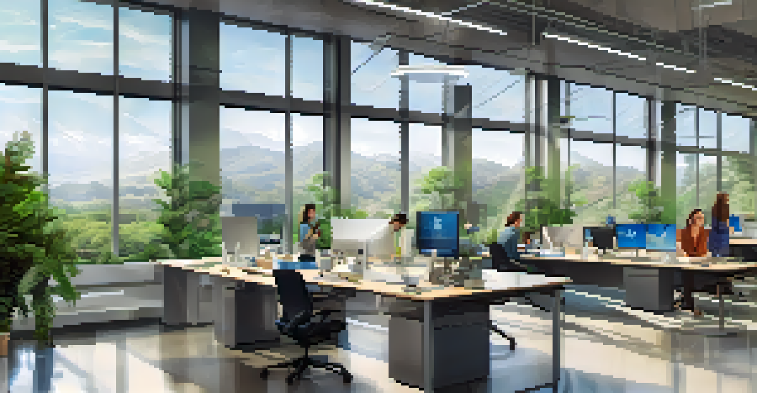 Engineers collaborating in a bright office with greenery and renewable energy models, showcasing California's clean technology innovation.