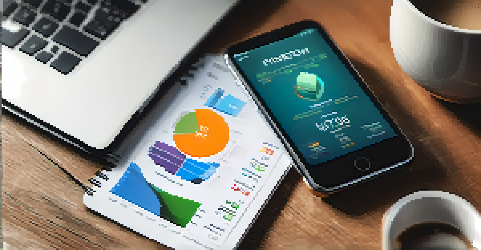 A close-up of a smartphone showing a fintech app with financial graphs, placed on a wooden desk next to a notebook and coffee.