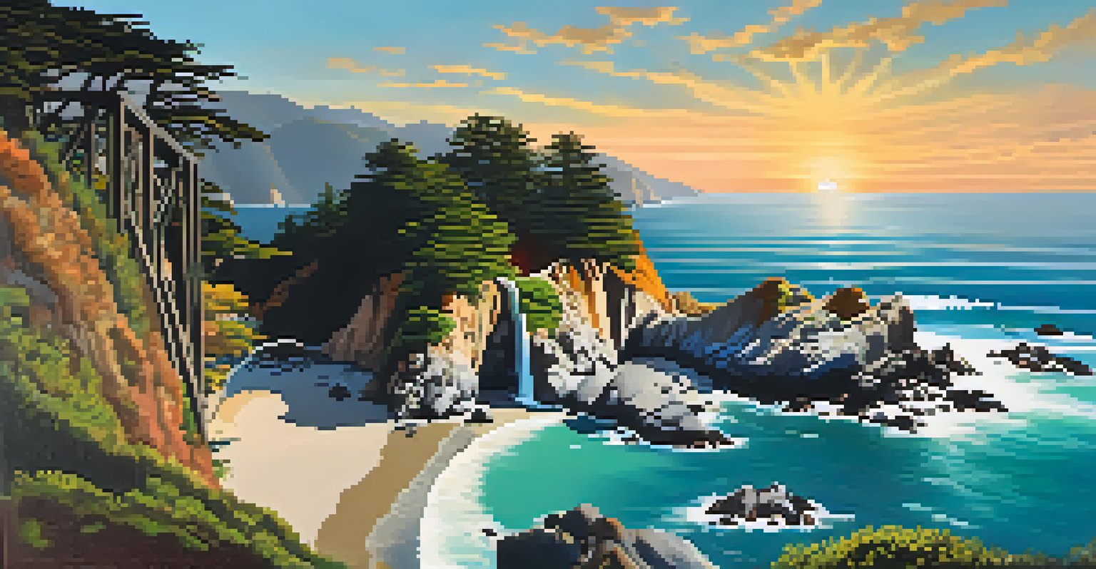 McWay Falls in Big Sur, with water cascading into the ocean, surrounded by cliffs and greenery at sunset.