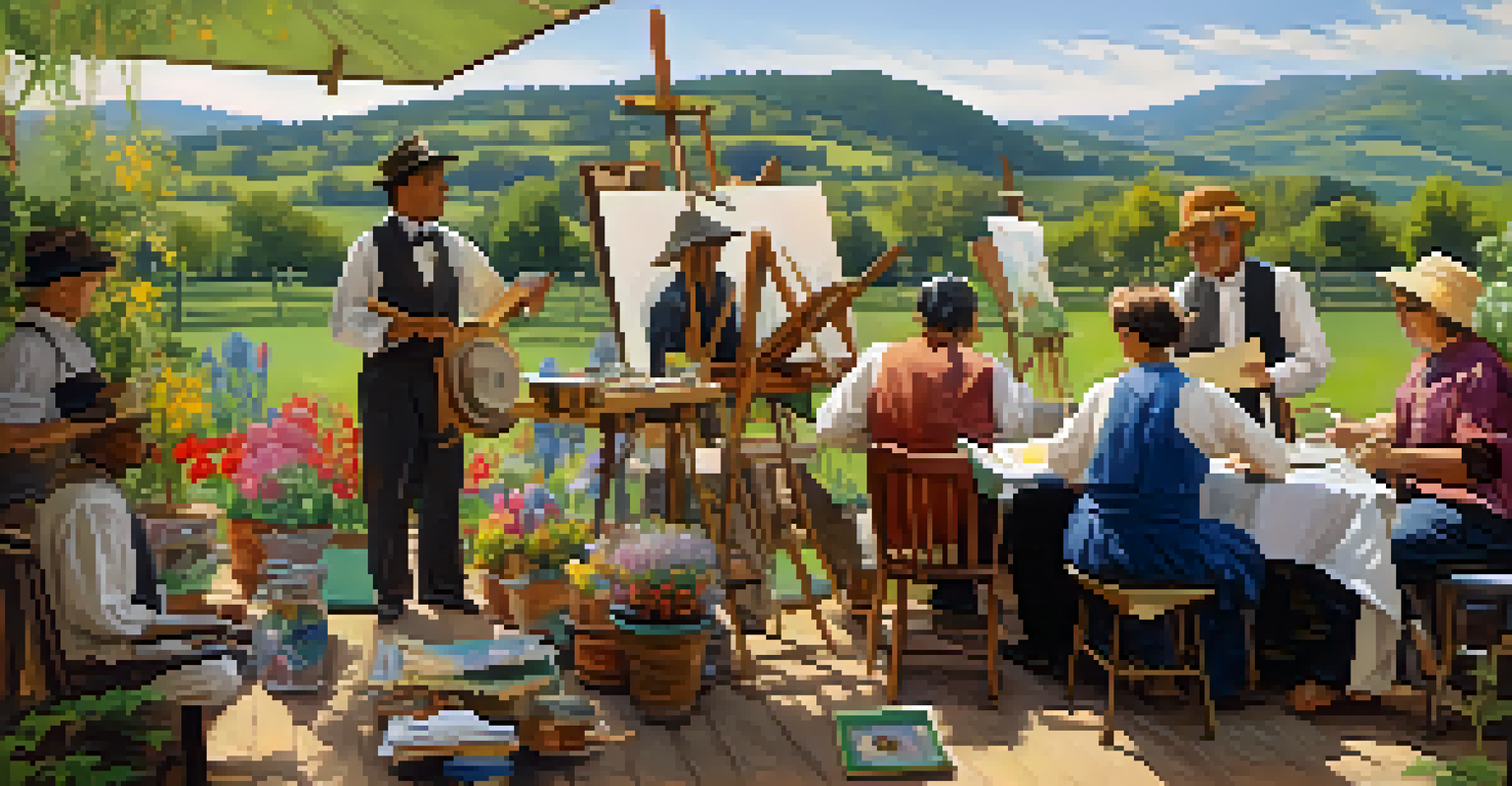 A vibrant scene of an early 20th-century art colony with artists discussing and painting in a colorful garden setting.
