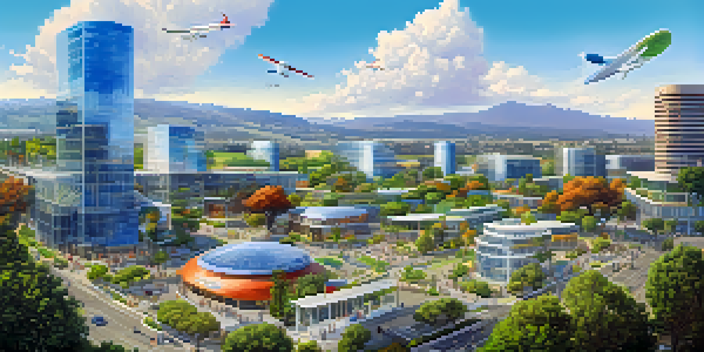 A panoramic view of Silicon Valley featuring modern buildings, greenery, and people collaborating outdoors.