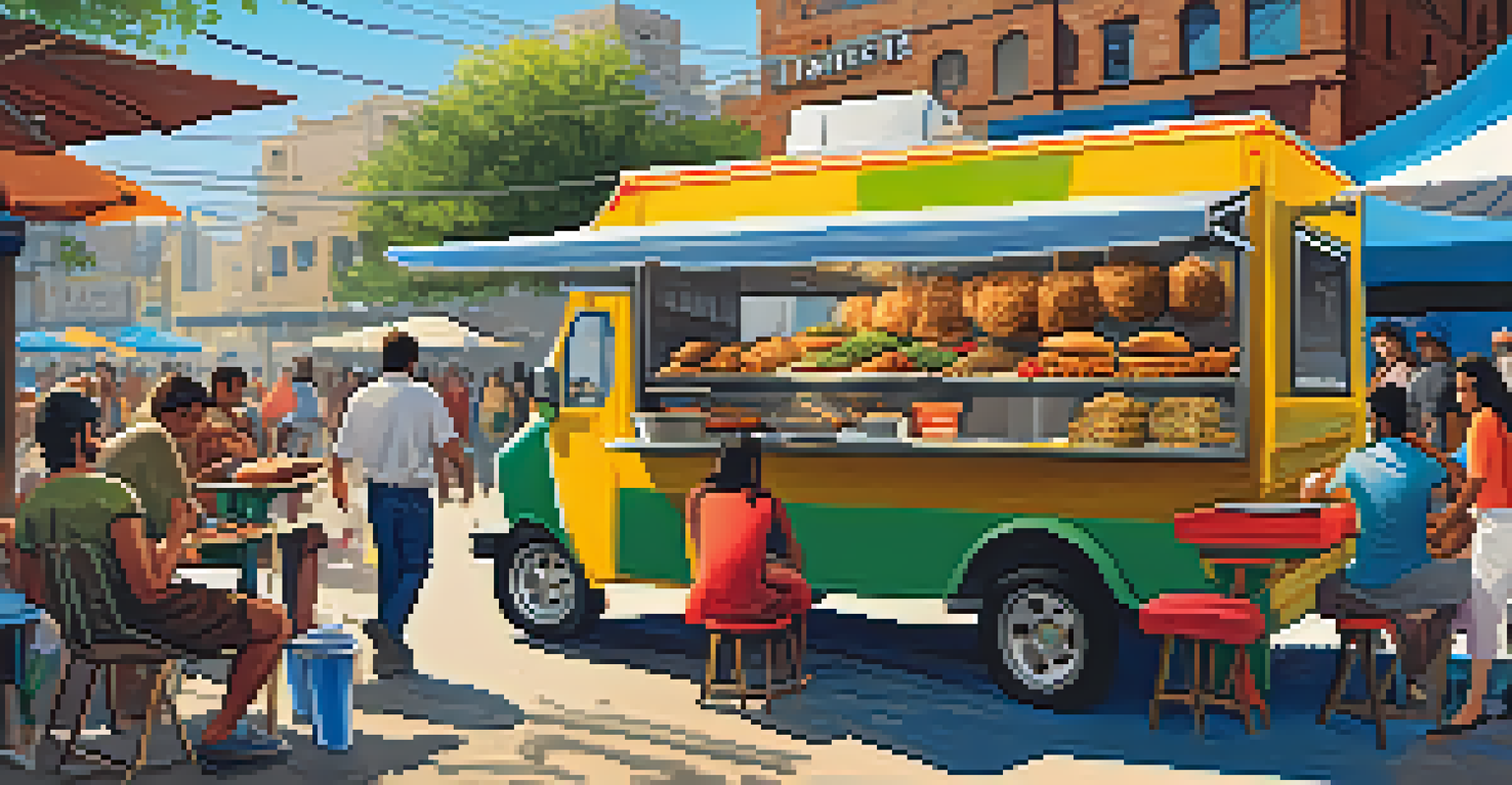 A street food scene with a food truck serving shawarma and falafel, surrounded by diverse diners enjoying their meals.