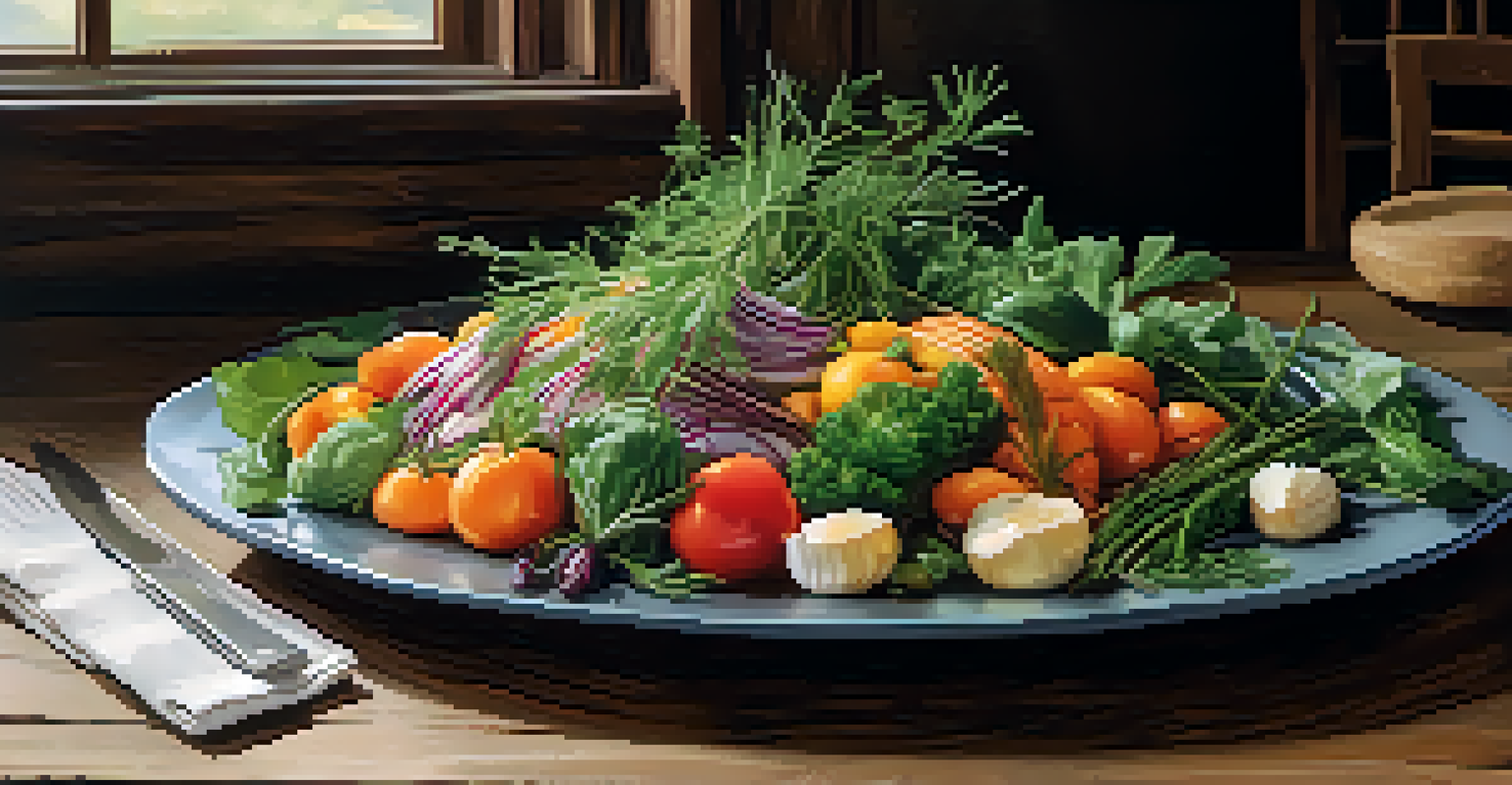 A beautifully plated farm-to-table dish on a rustic dining table with seasonal vegetables and fresh herbs, illuminated by natural light.