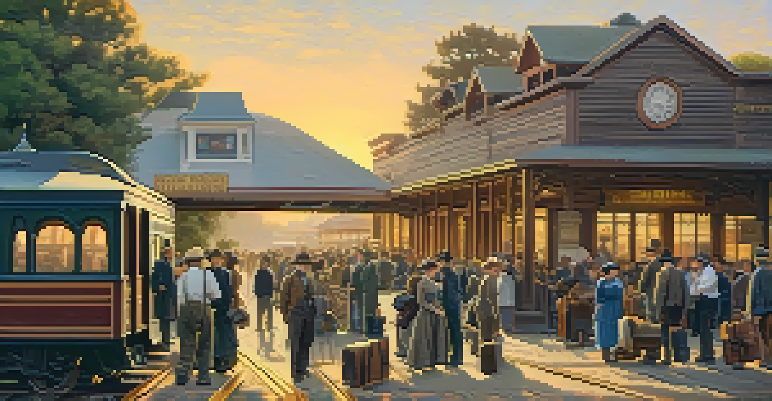 A late 19th-century train station in California with diverse travelers and vintage signs during sunset.