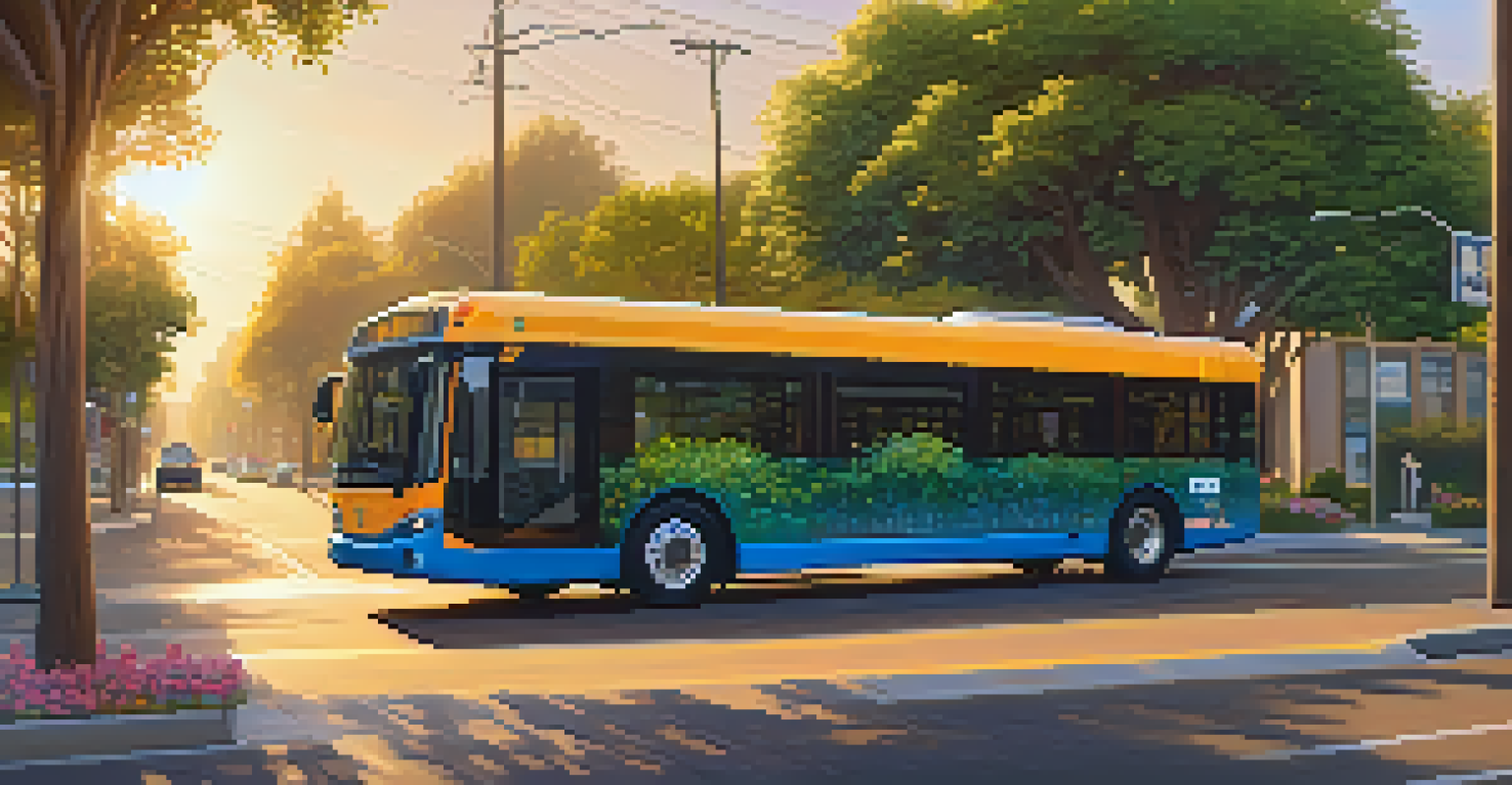 A sleek electric bus on a tree-lined street in California during golden hour, surrounded by greenery.