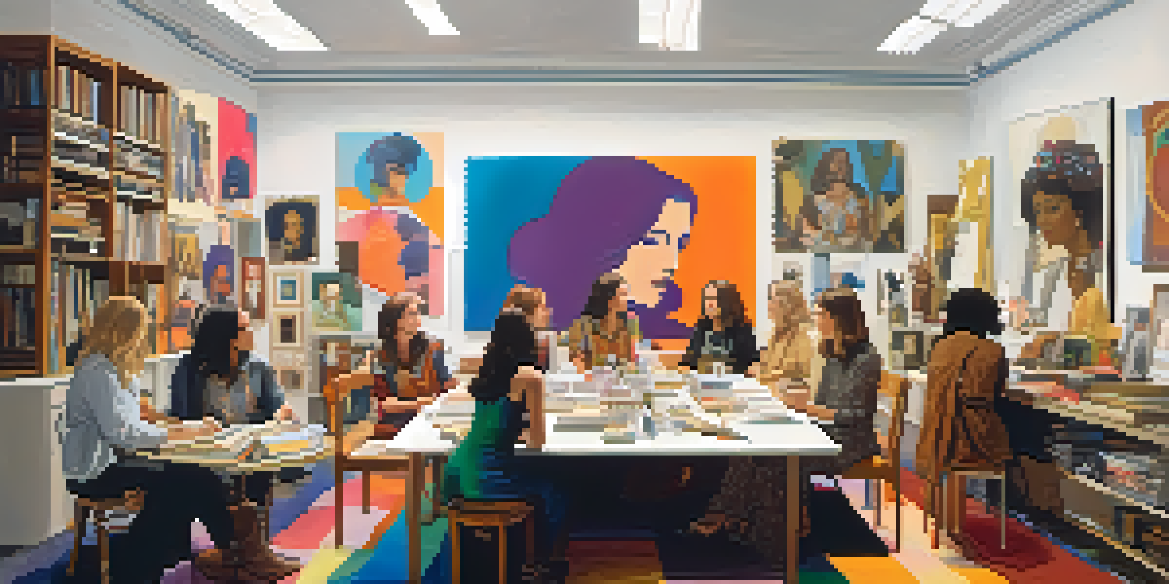 An interior scene of a 1970s feminist art collective, with women discussing art surrounded by vibrant mixed media pieces.
