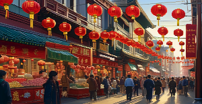A busy street in San Francisco's Chinatown with festive decorations, people celebrating, and traditional lion dancers under the warm evening light.