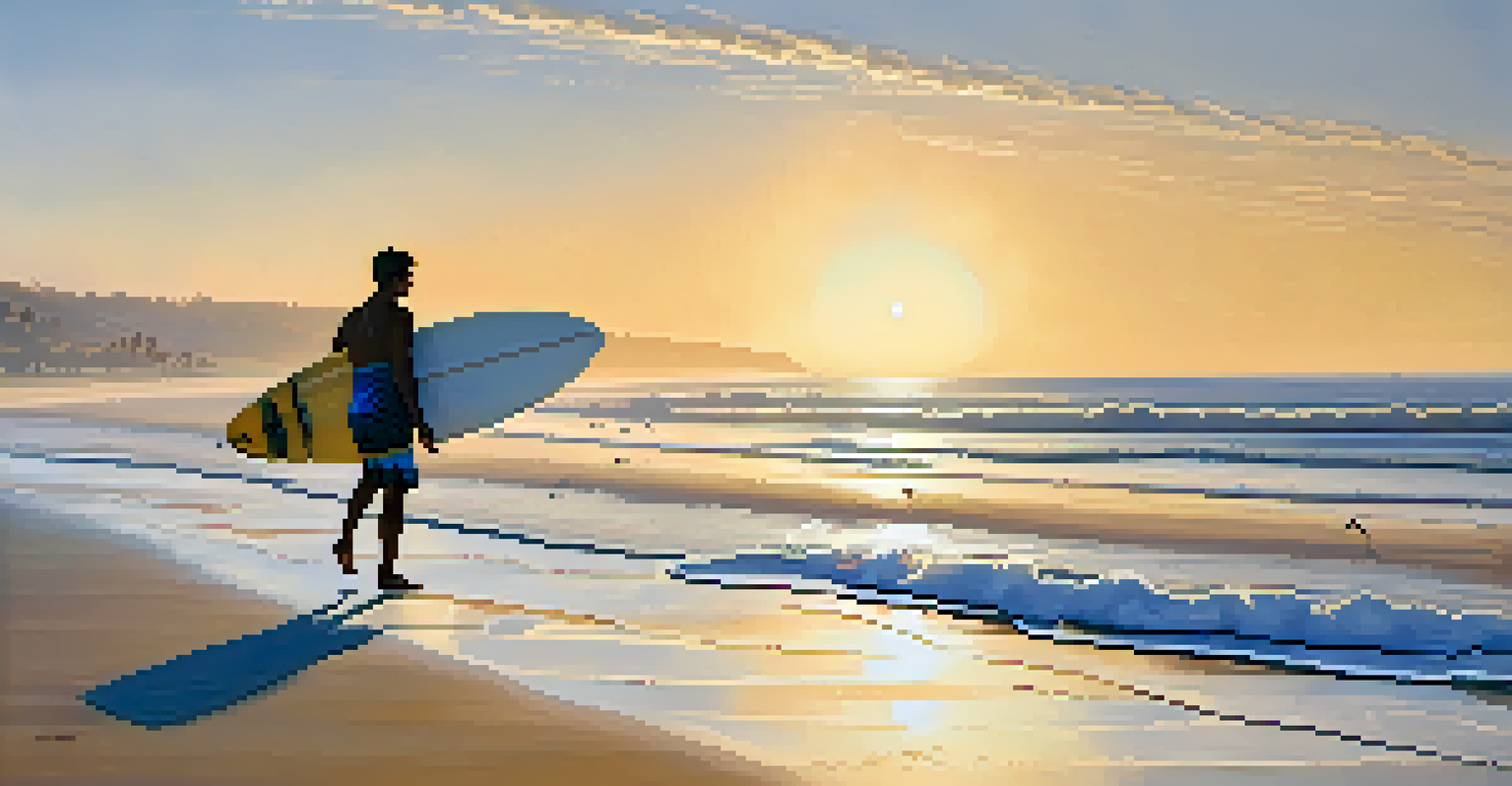 A surfer walking on the beach at dawn, carrying a surfboard, with golden light and gentle waves in the background.