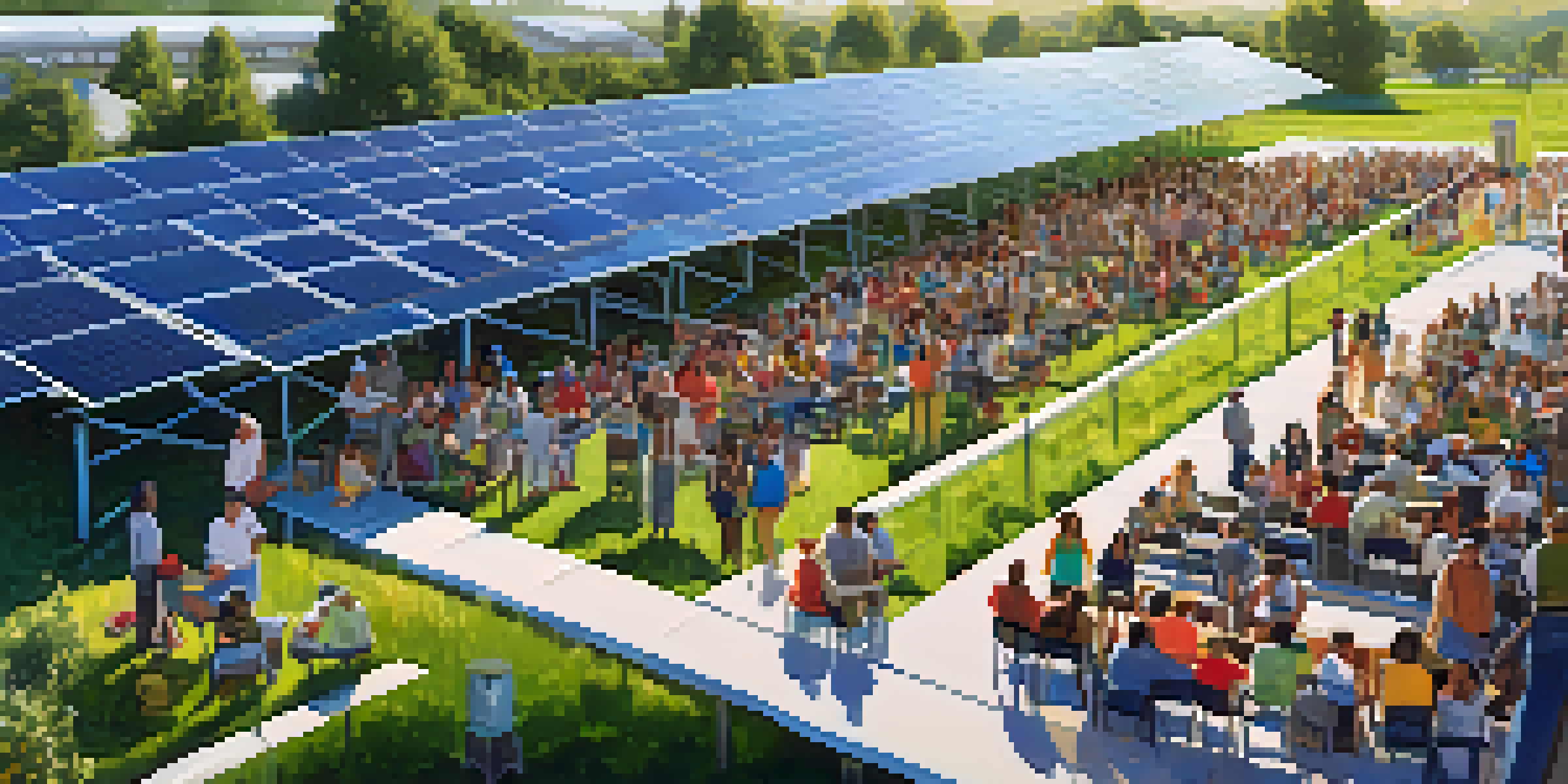 A community gathering at a solar farm with diverse participants discussing solar energy benefits, surrounded by solar panels and greenery.