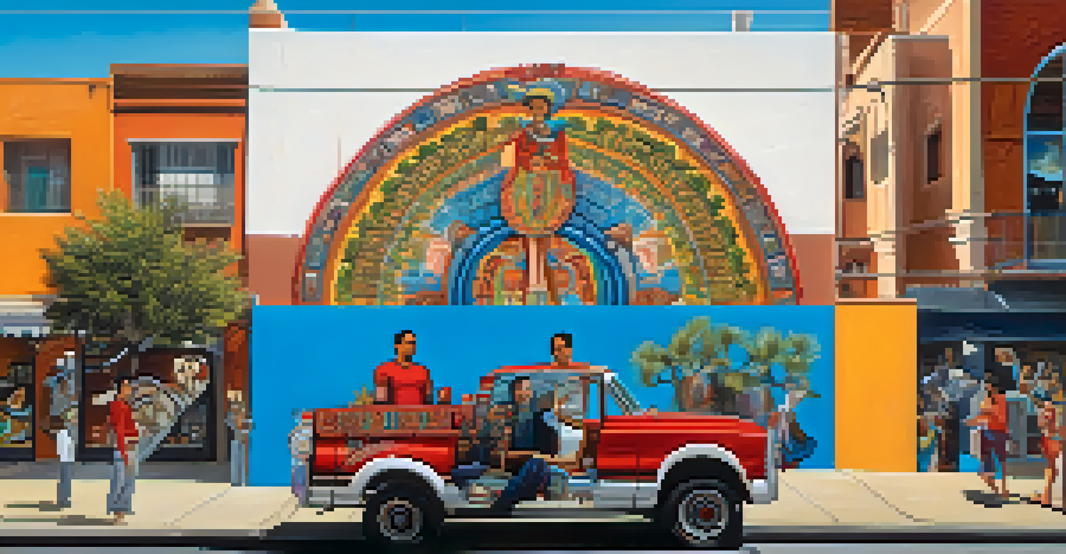 A colorful mural illustrating cultural unity and identity, created by Californian and Mexican artists in an urban setting.