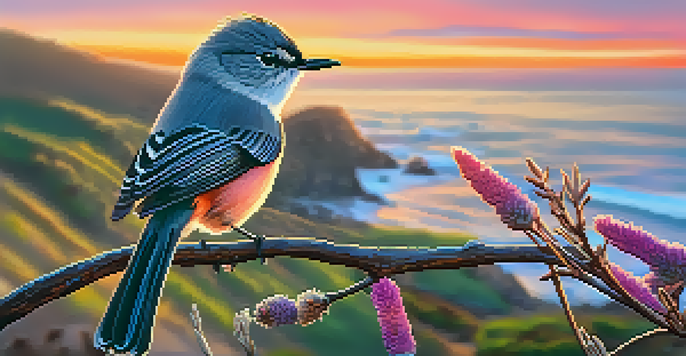 A coastal landscape in California at sunset, with cliffs and a small bird sitting on a branch.