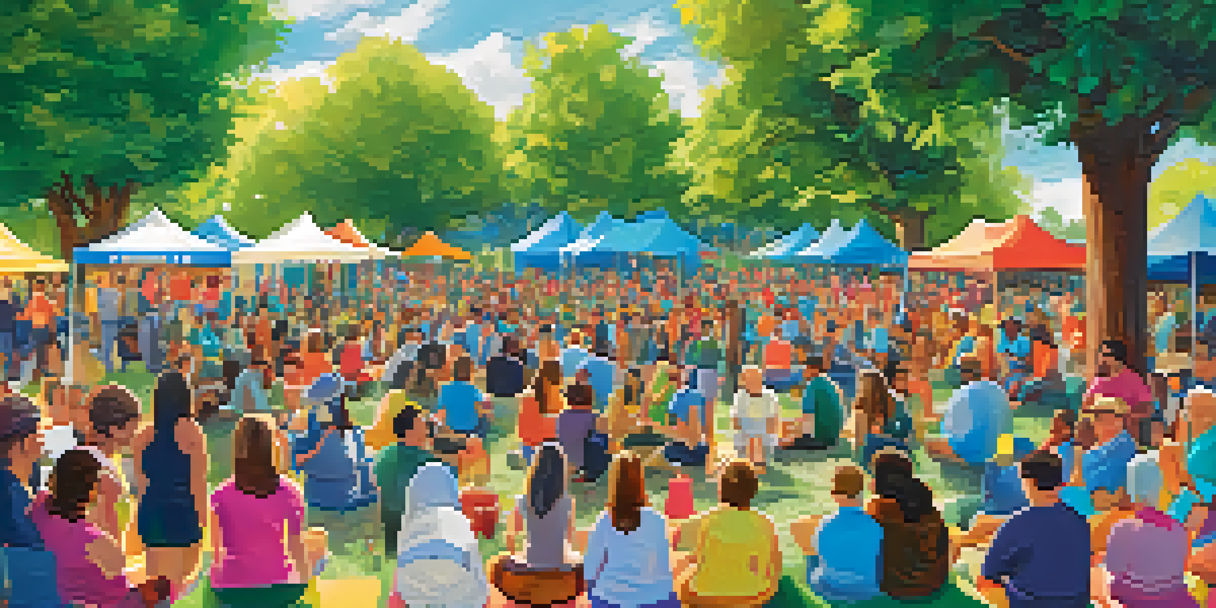 A lively outdoor community event focused on mental health awareness, with diverse individuals sharing stories and participating in activities.