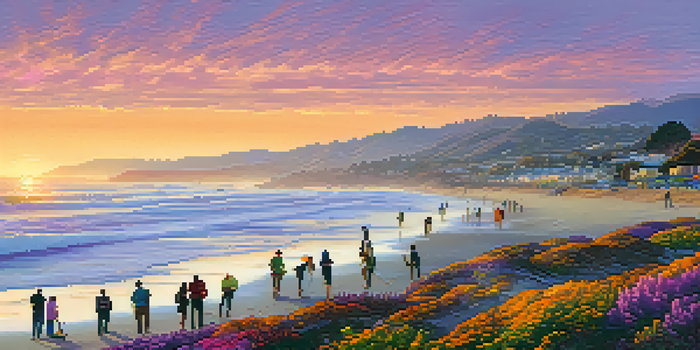 A diverse group of people planting native plants on a sandy California beach at sunset, with vibrant colors in the sky and sunlight reflecting on the waves.
