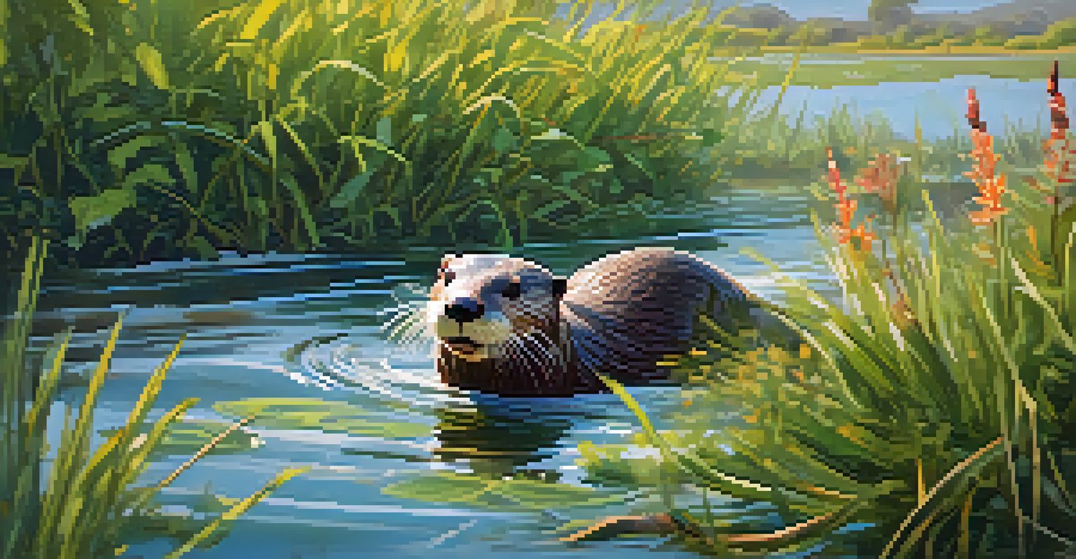 A River Otter joyfully playing in a wetland, surrounded by greenery and colorful wildflowers, with sunlight illuminating the scene.