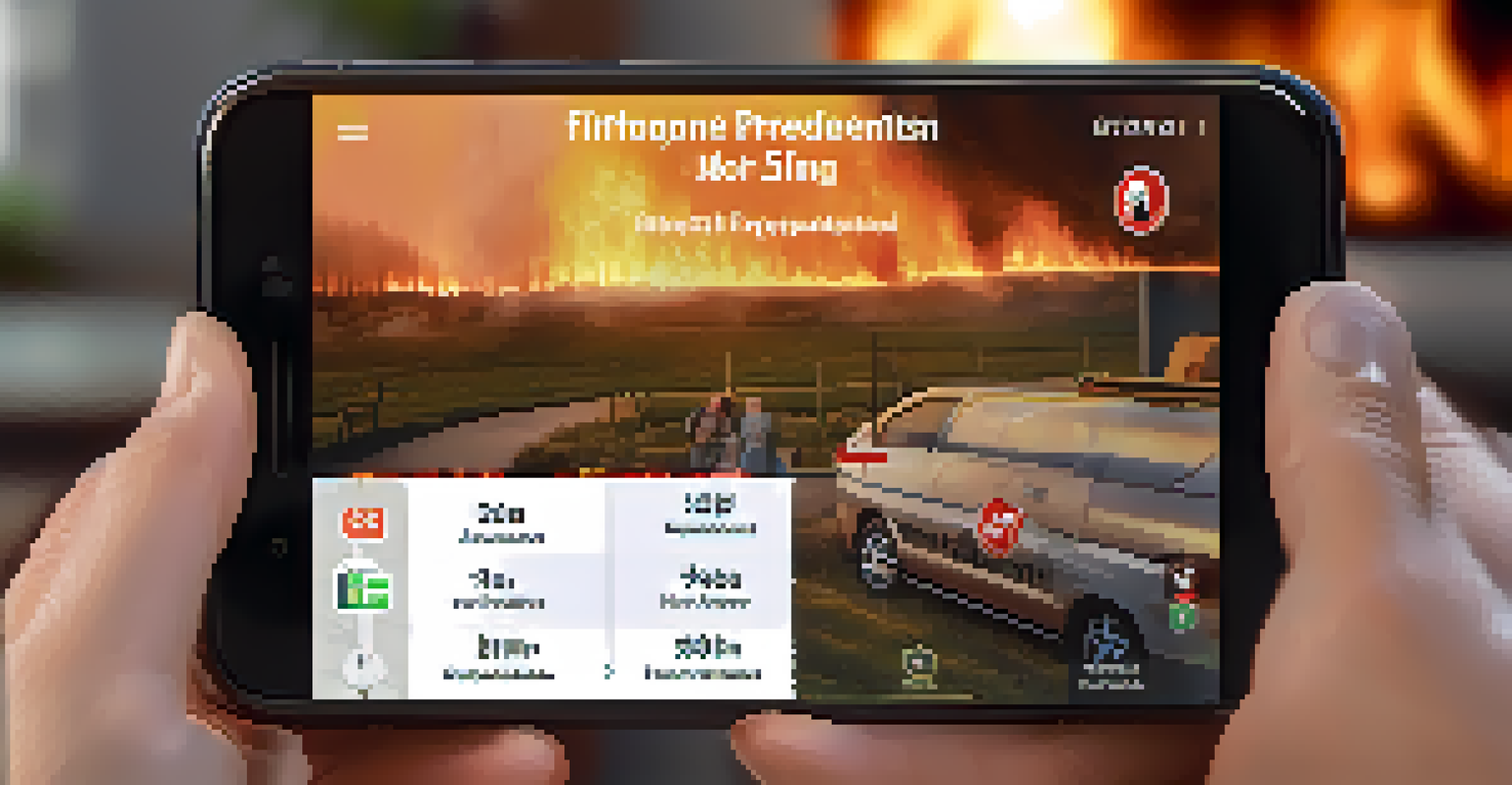 A close-up view of a smartphone showing a wildfire preparedness app with safety tips and checklists, with a family in the background.