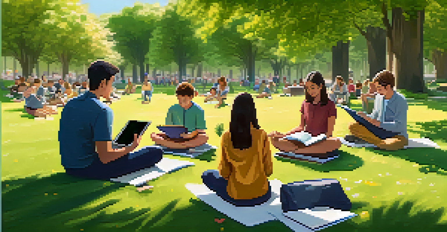Students sitting on the grass in a park, using tablets and notebooks while a teacher facilitates a group discussion, with trees and flowers in the background.