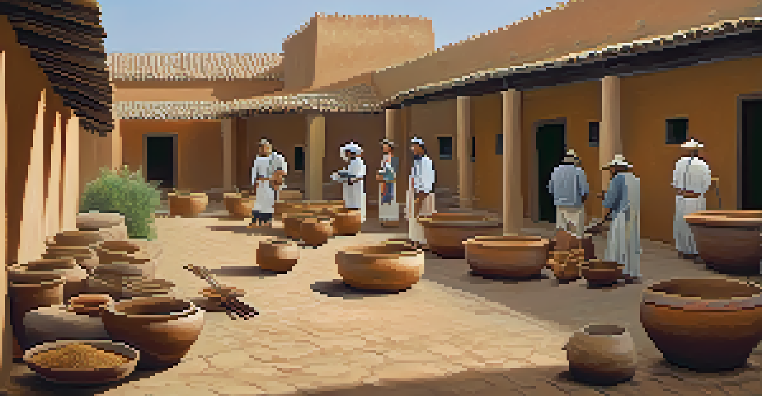A bustling mission courtyard with Indigenous people farming, cooking, and weaving, surrounded by adobe buildings.