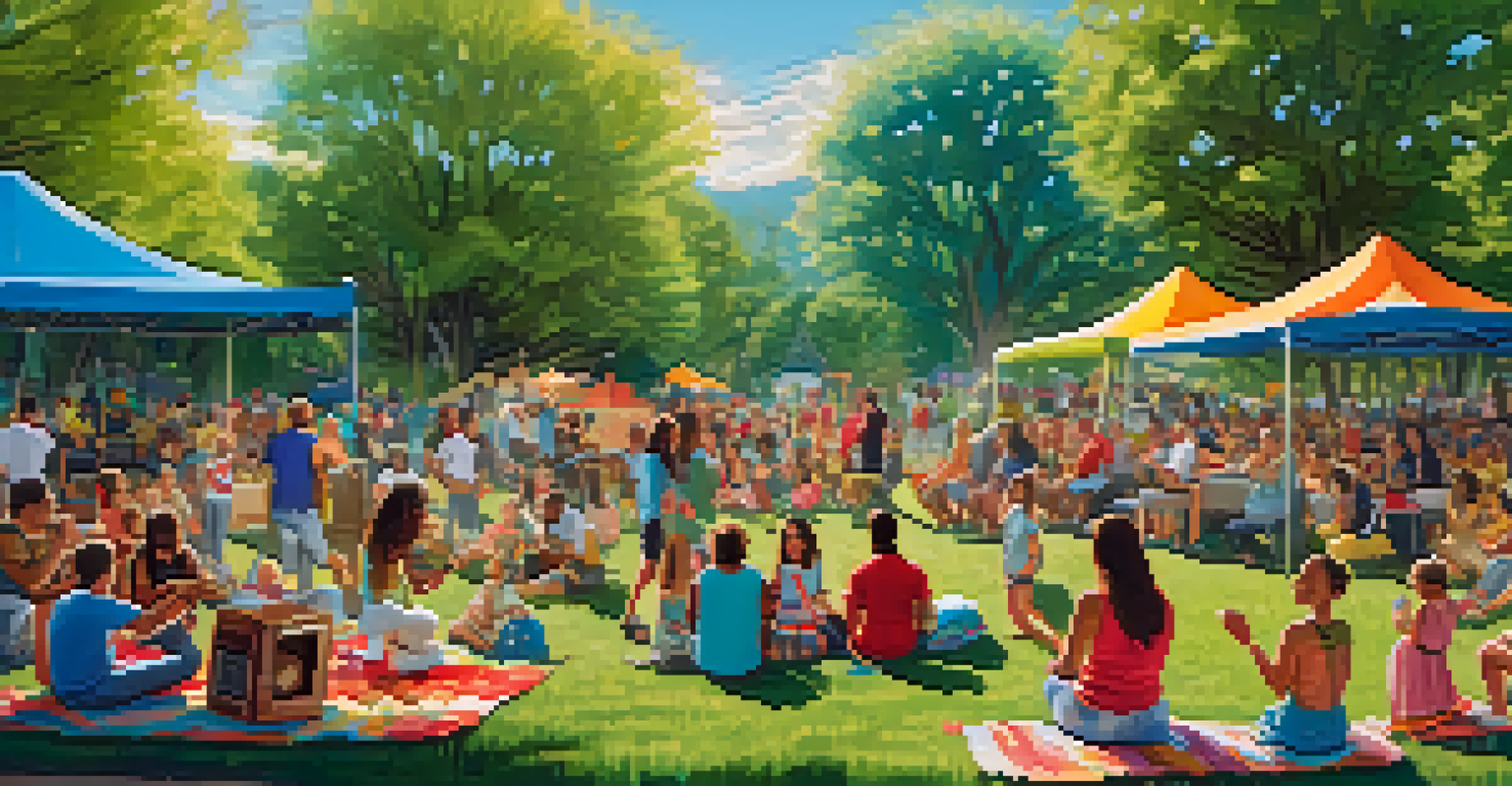 A community music event in a park with a band performing on stage and families enjoying the atmosphere.