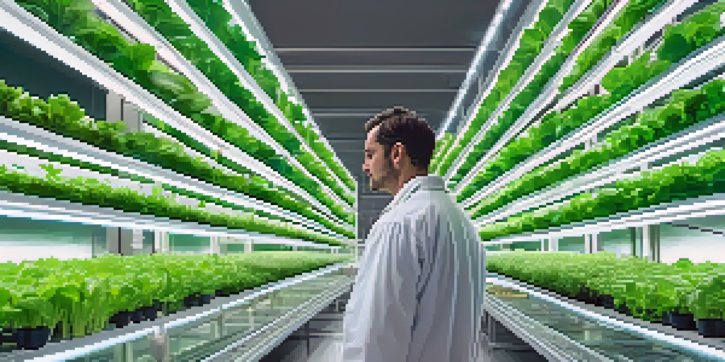 A modern vertical farm with stacked layers of green crops, bright LED lights, and a farmer using a tablet.