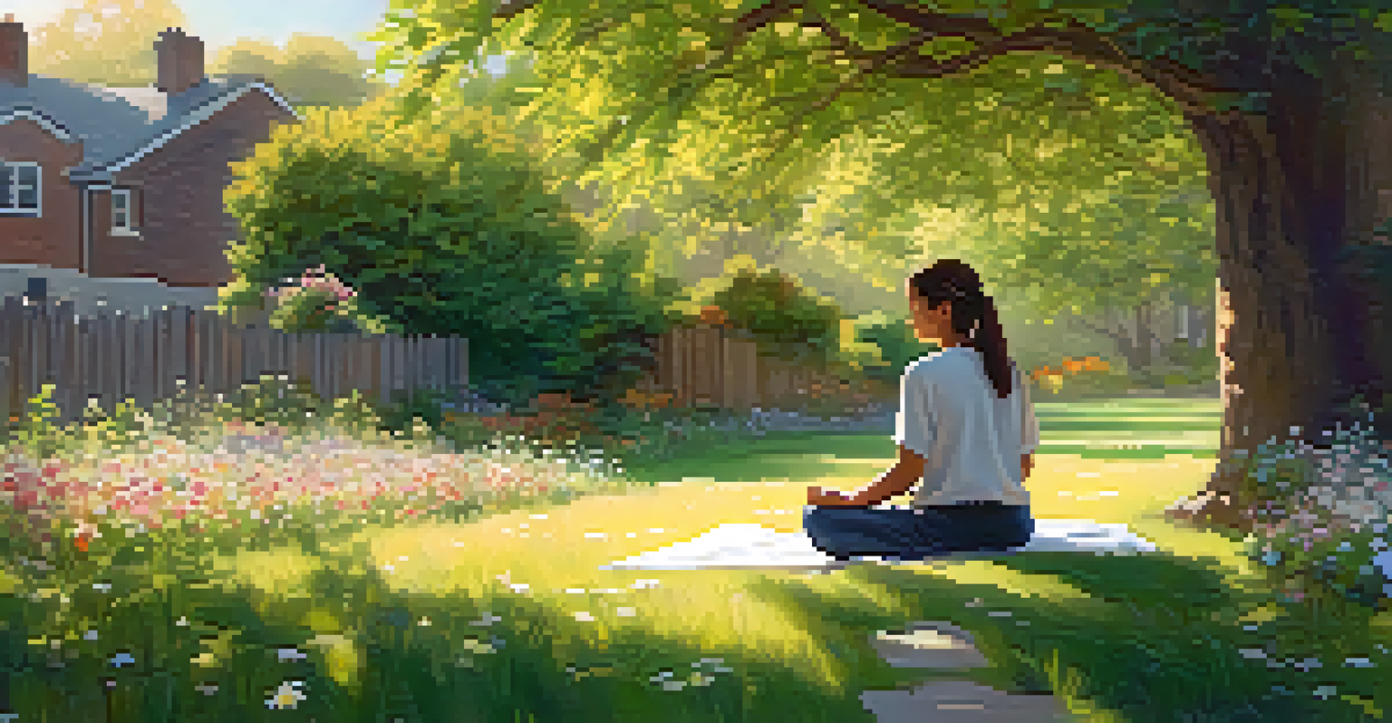 A person meditating in a peaceful community garden filled with flowers and greenery, bathed in warm sunlight.