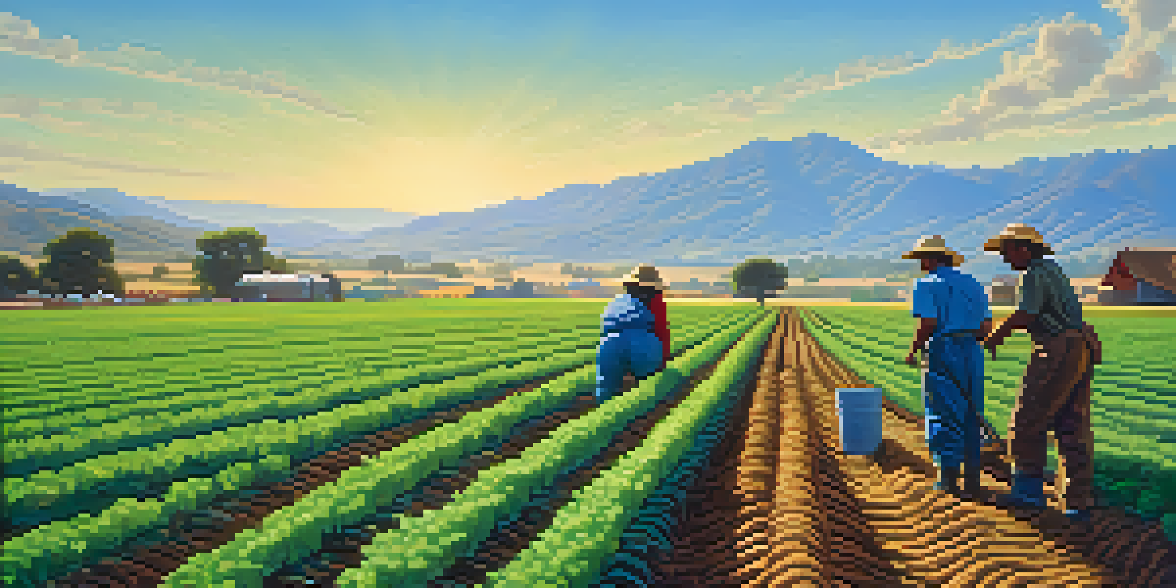 A diverse group of farmworkers collaborating in green fields under a clear sky, showcasing community and hard work.