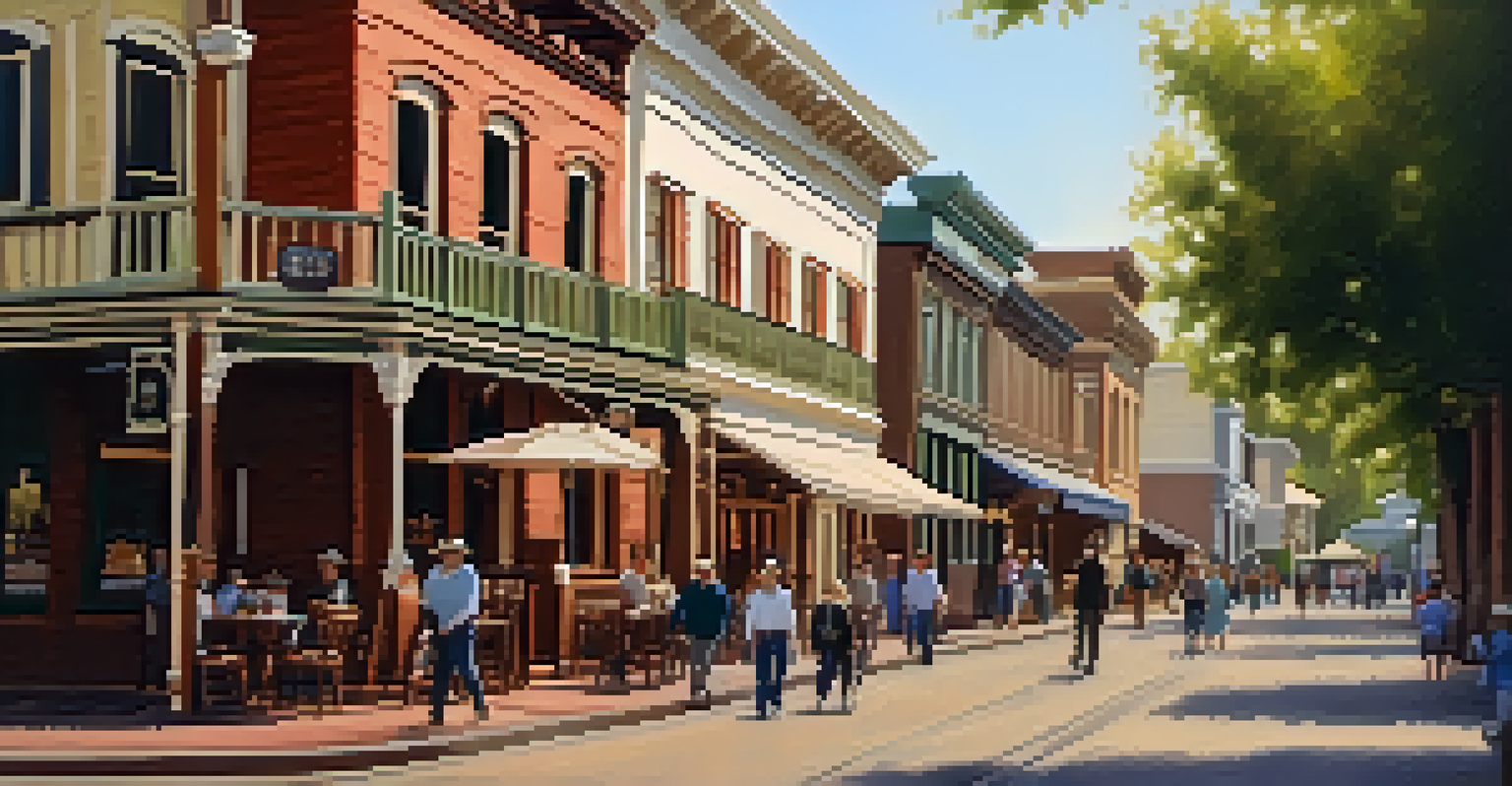 A picturesque street in Old Sacramento with historic wooden buildings and visitors enjoying the atmosphere under soft afternoon light.