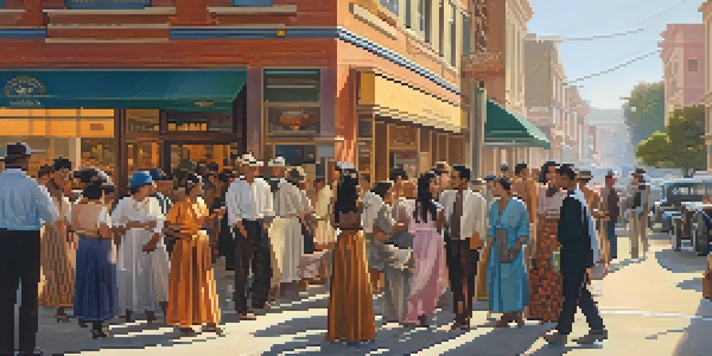 A diverse group of immigrants conversing on a busy street in early 20th century California, with colorful buildings and shops around them.