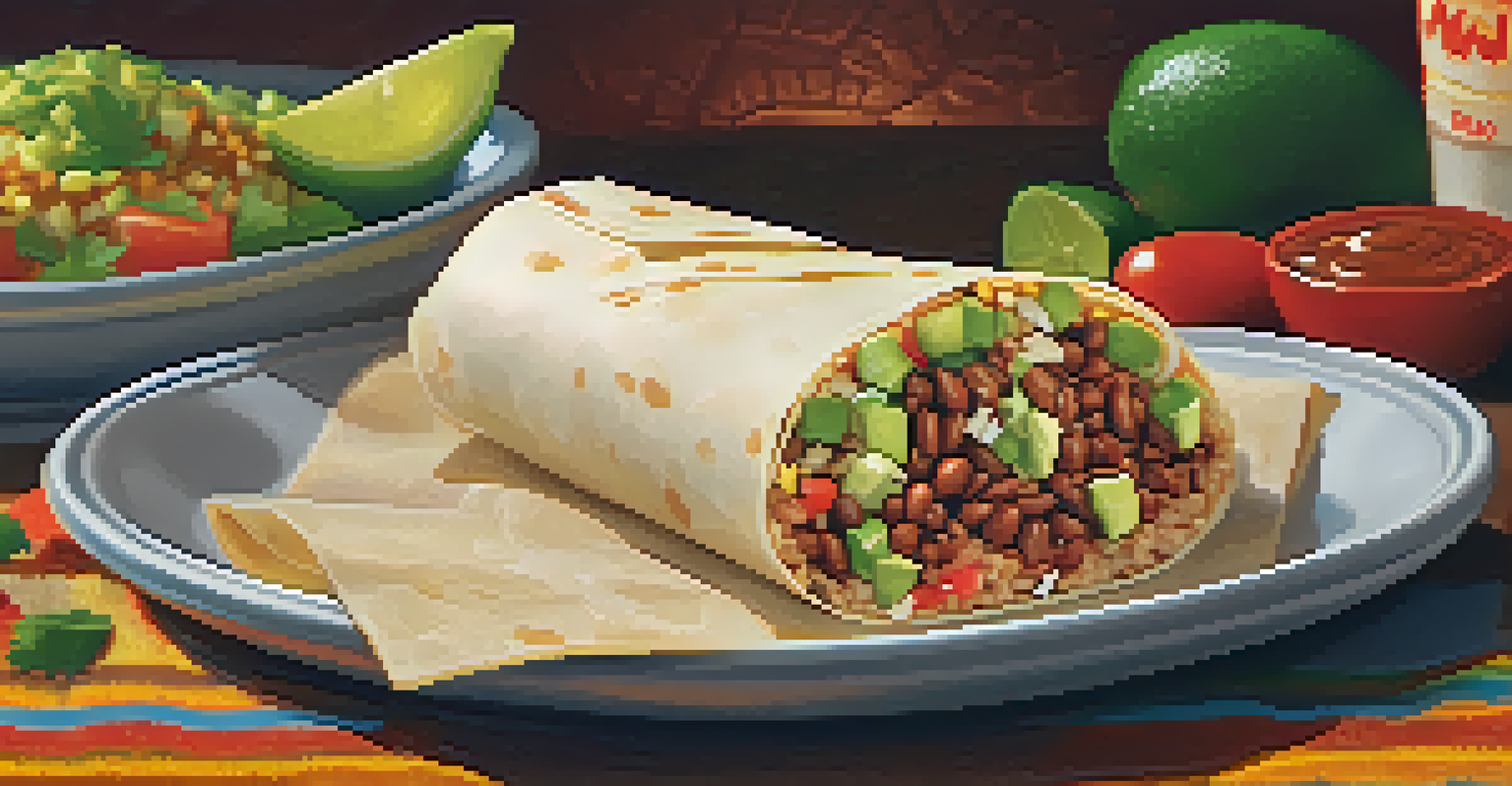 A close-up of a Mission burrito being unwrapped, showing colorful fillings of rice, beans, and meats with salsa and guacamole on the side.