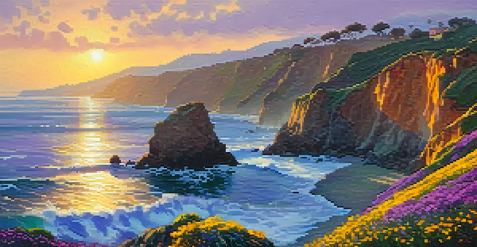 A colorful coastal landscape in California featuring waves, cliffs, and wildflowers under a sunset sky.