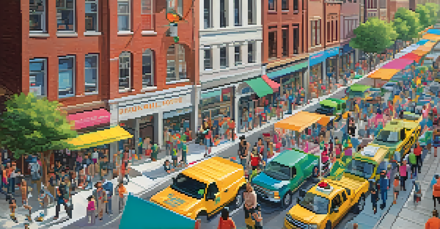 An aerial view of a busy urban street where people are using smartphones to donate to local nonprofits.
