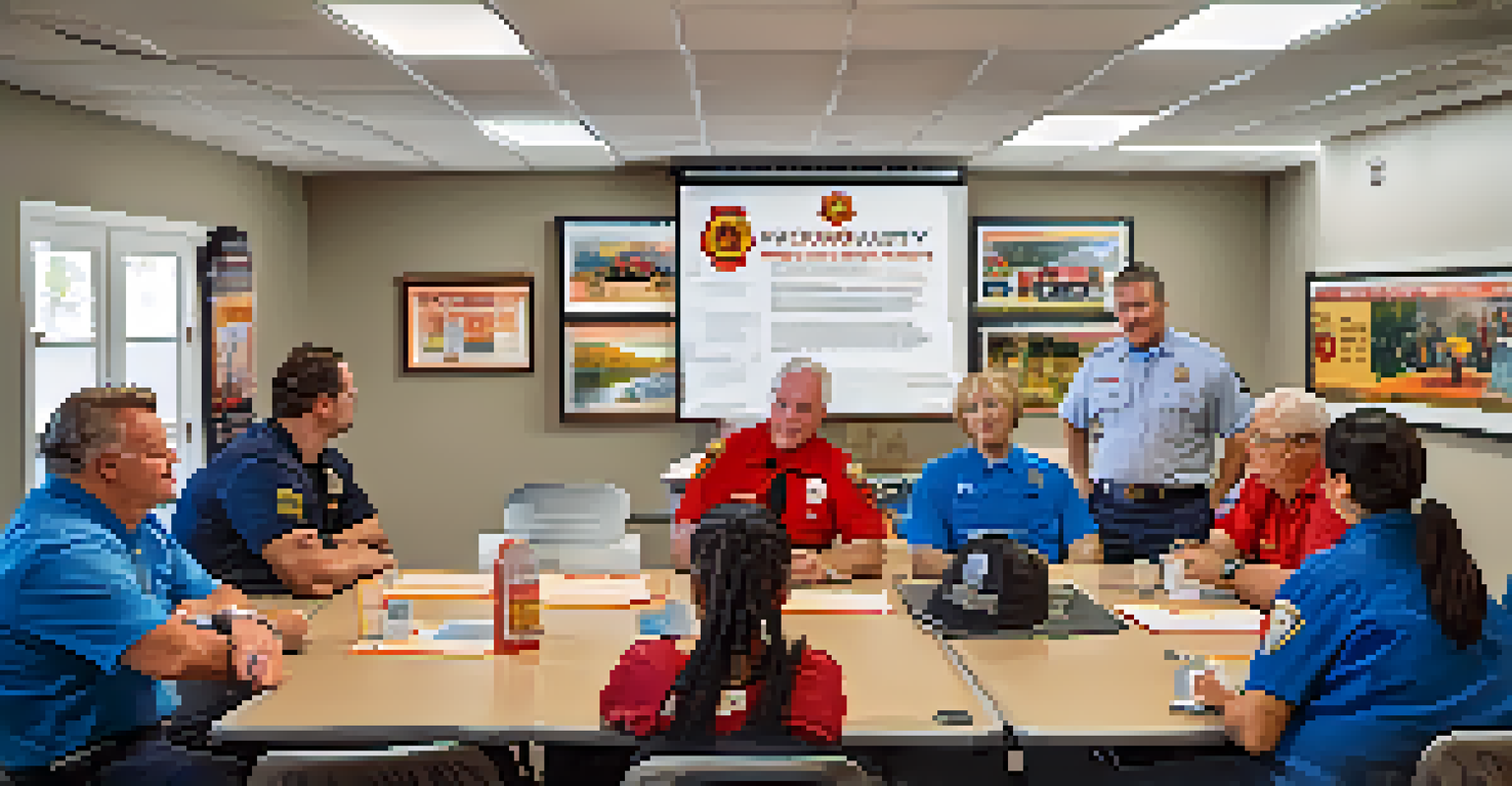 A community workshop on wildfire safety with diverse individuals listening to a fire chief presenting safety tips, surrounded by educational posters.