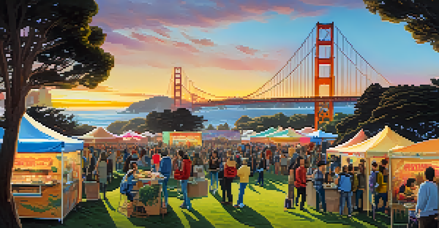 An artistic depiction of Outside Lands festival showing attendees enjoying food trucks and art installations with the Golden Gate Bridge at sunset.