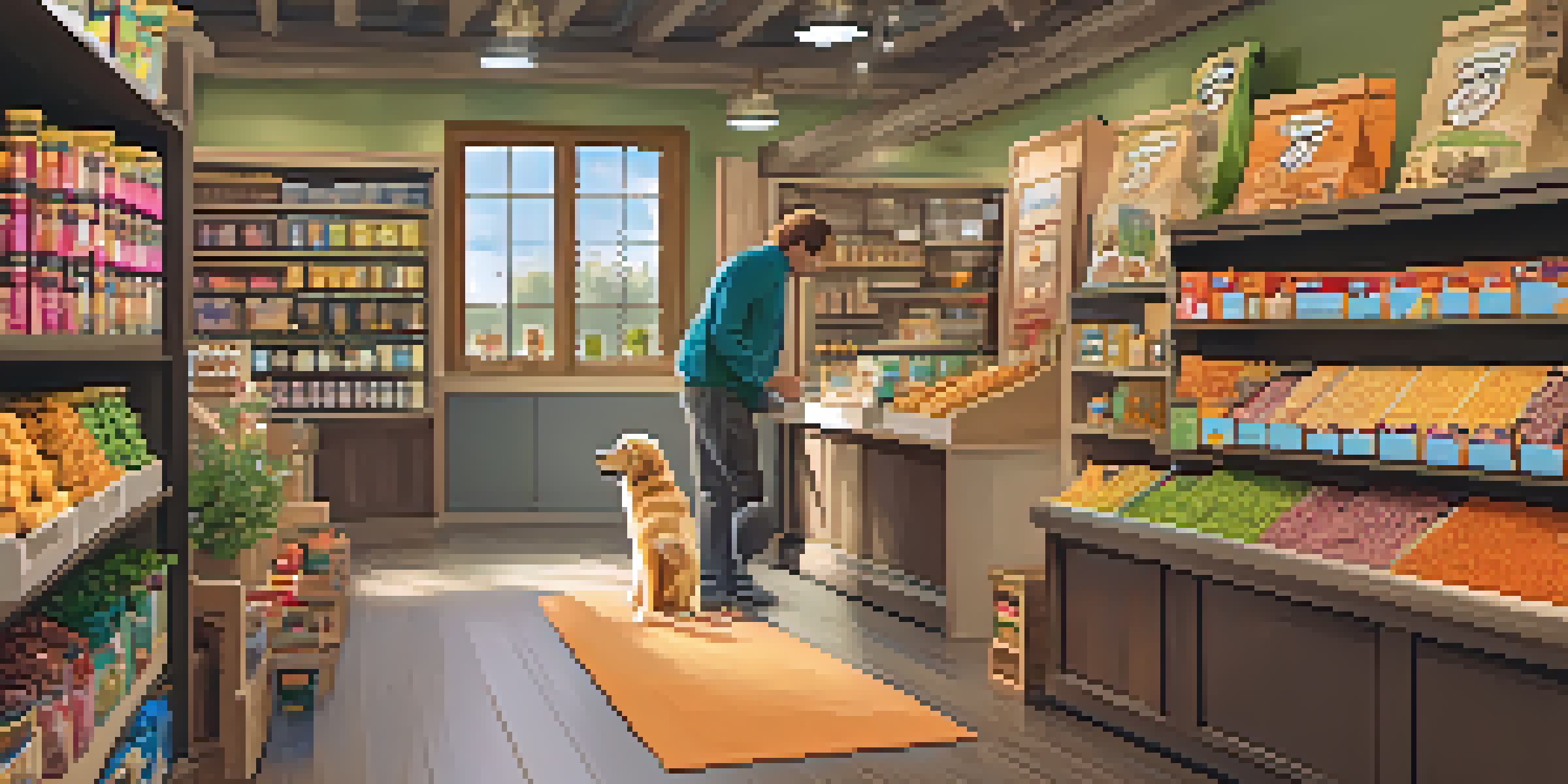 A bright pet boutique with organic pet food and eco-friendly toys, featuring a golden retriever and a shopkeeper.