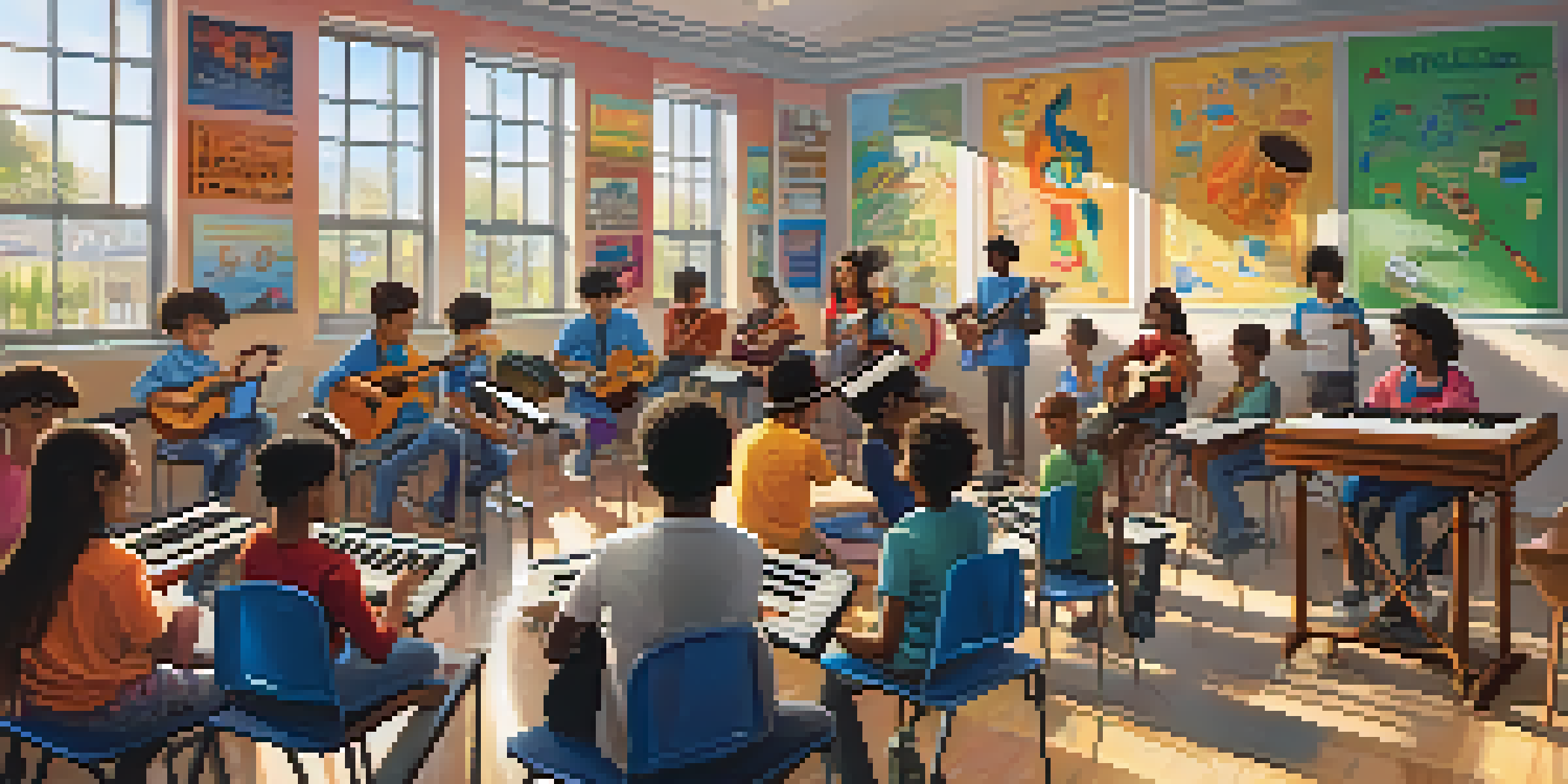 A lively classroom with diverse students collaborating on music education, surrounded by colorful posters and instruments, illuminated by sunlight.
