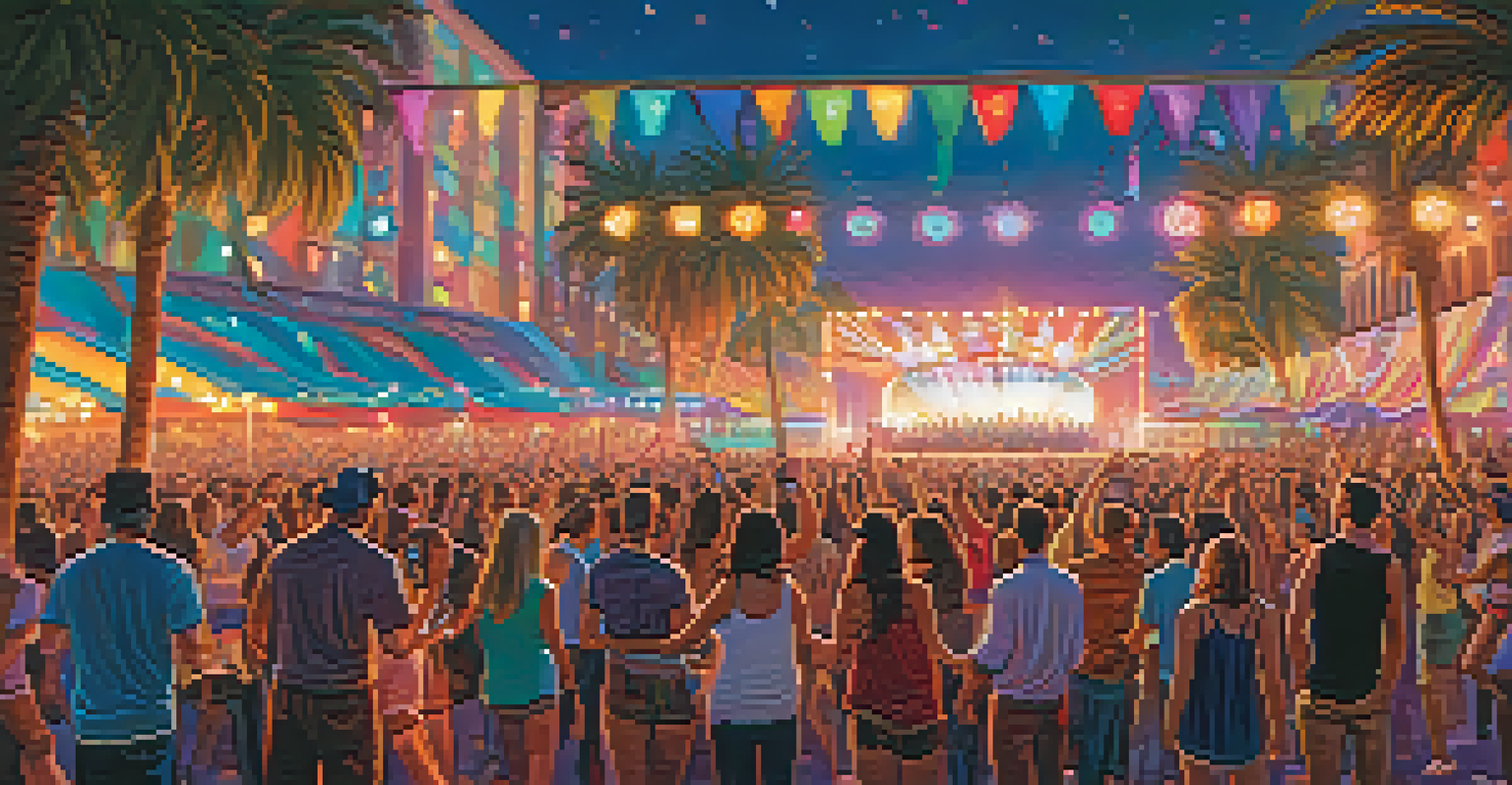 A lively music festival scene with a diverse crowd and illuminated stage.