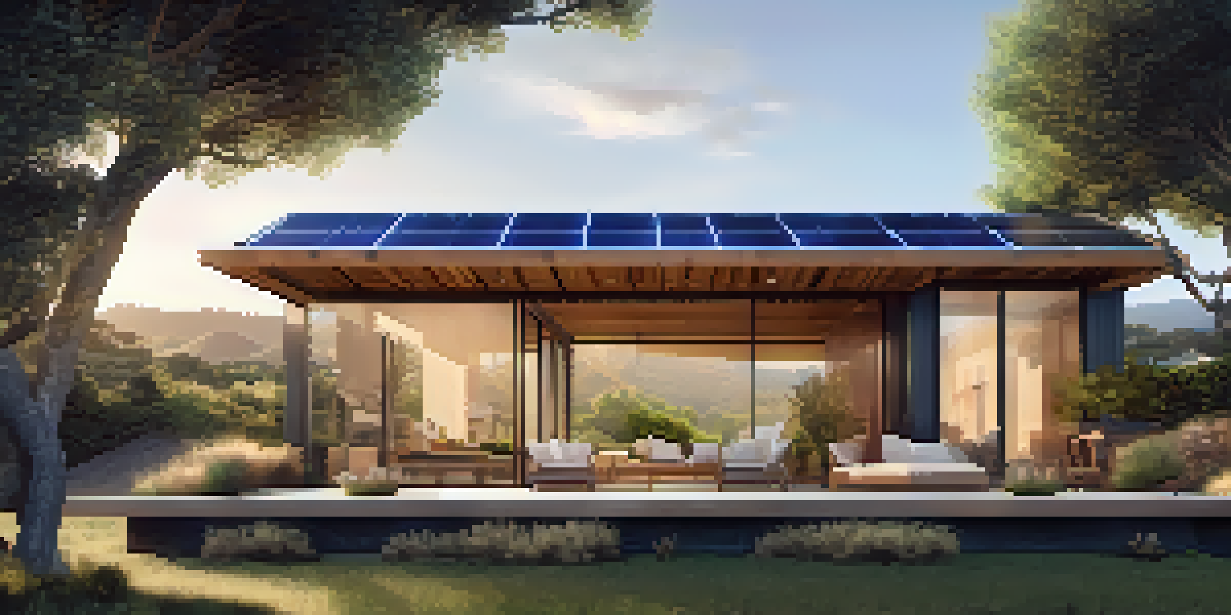 A modern sustainable house in California with solar panels, a green garden, and large windows letting in natural light.