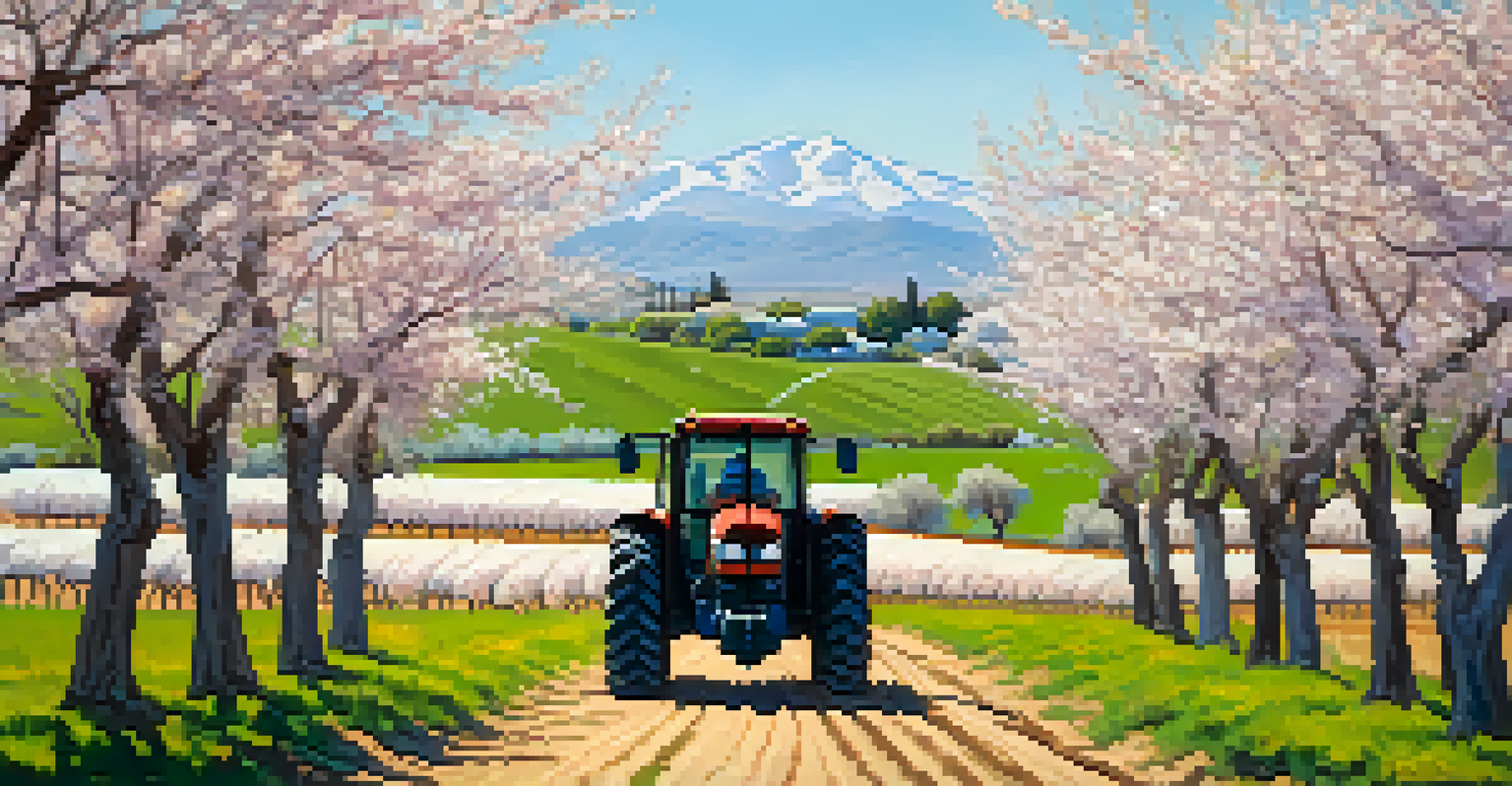 A farmer inspecting blooming almond trees in a picturesque California landscape.