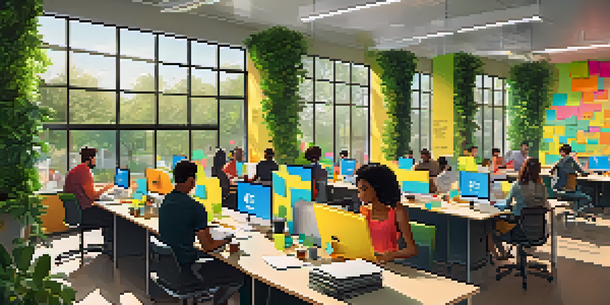 A modern office space in a tech incubator, featuring diverse entrepreneurs working together at tables with laptops and colorful post-it notes.